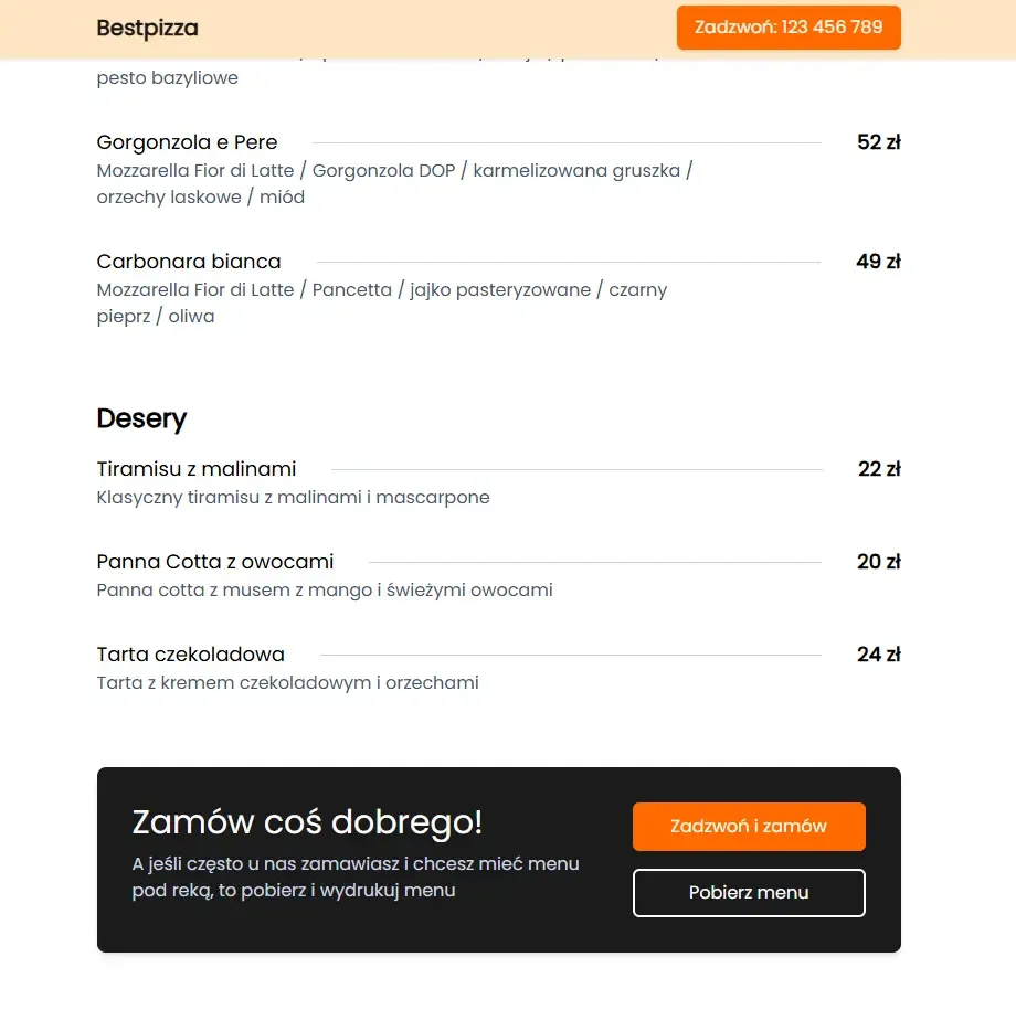 Przykładowe czytelne menu restauracji z przyciskami do sekcji i wyraźnymi potrawami.