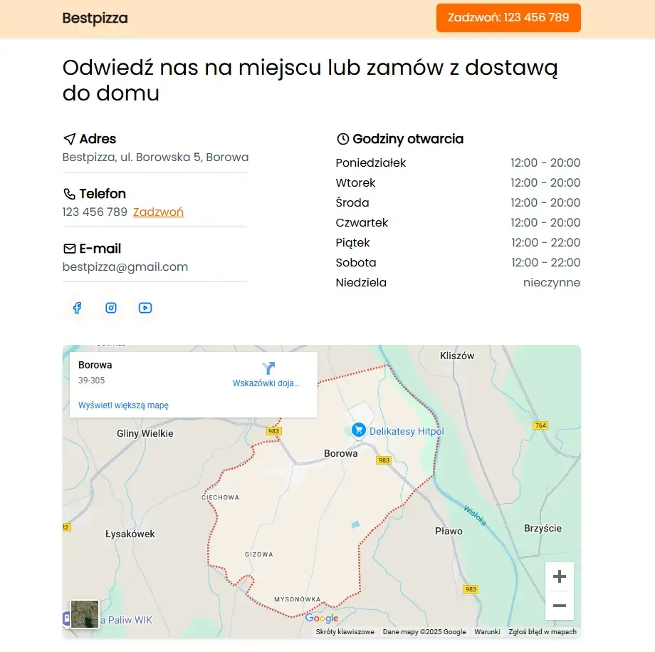 Przykładowe czytelne menu restauracji z sekcją kontaktową.